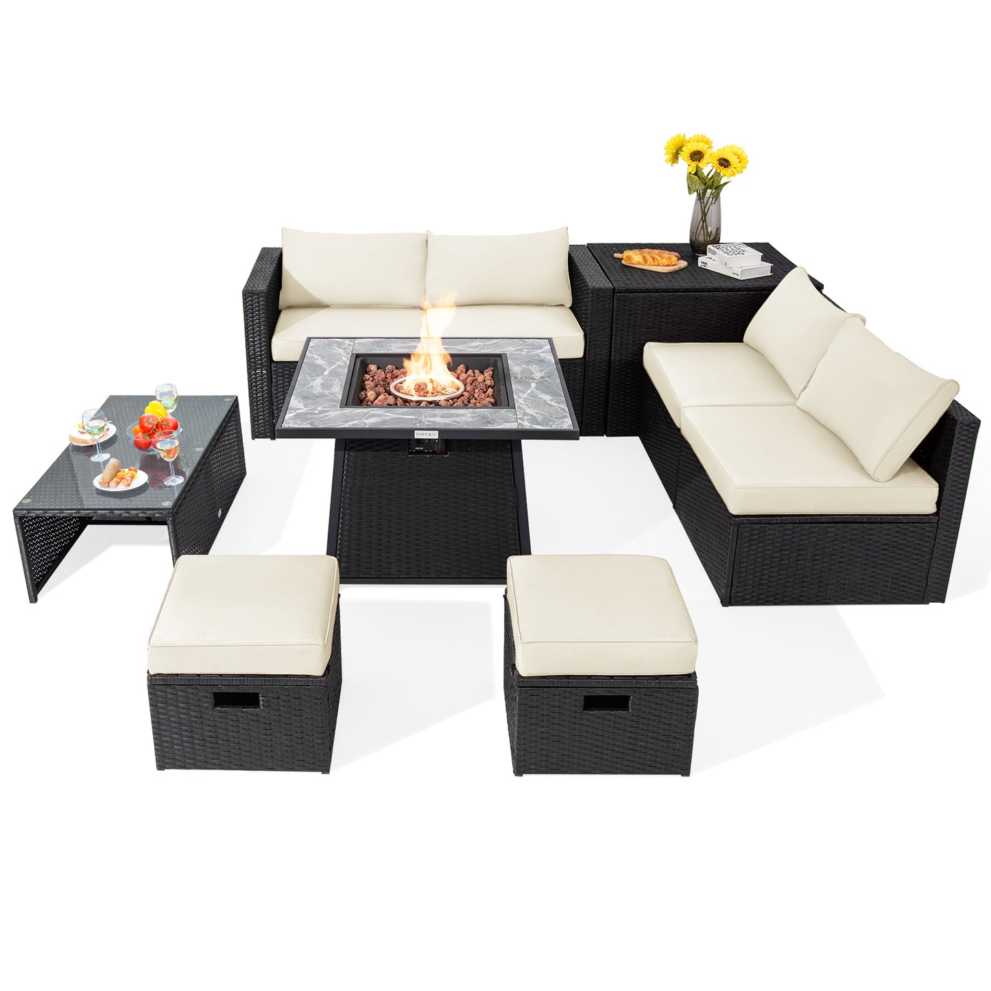 Outdoor Wicker Sectional, 35 Inch Gas Fire Pit Table, Off White