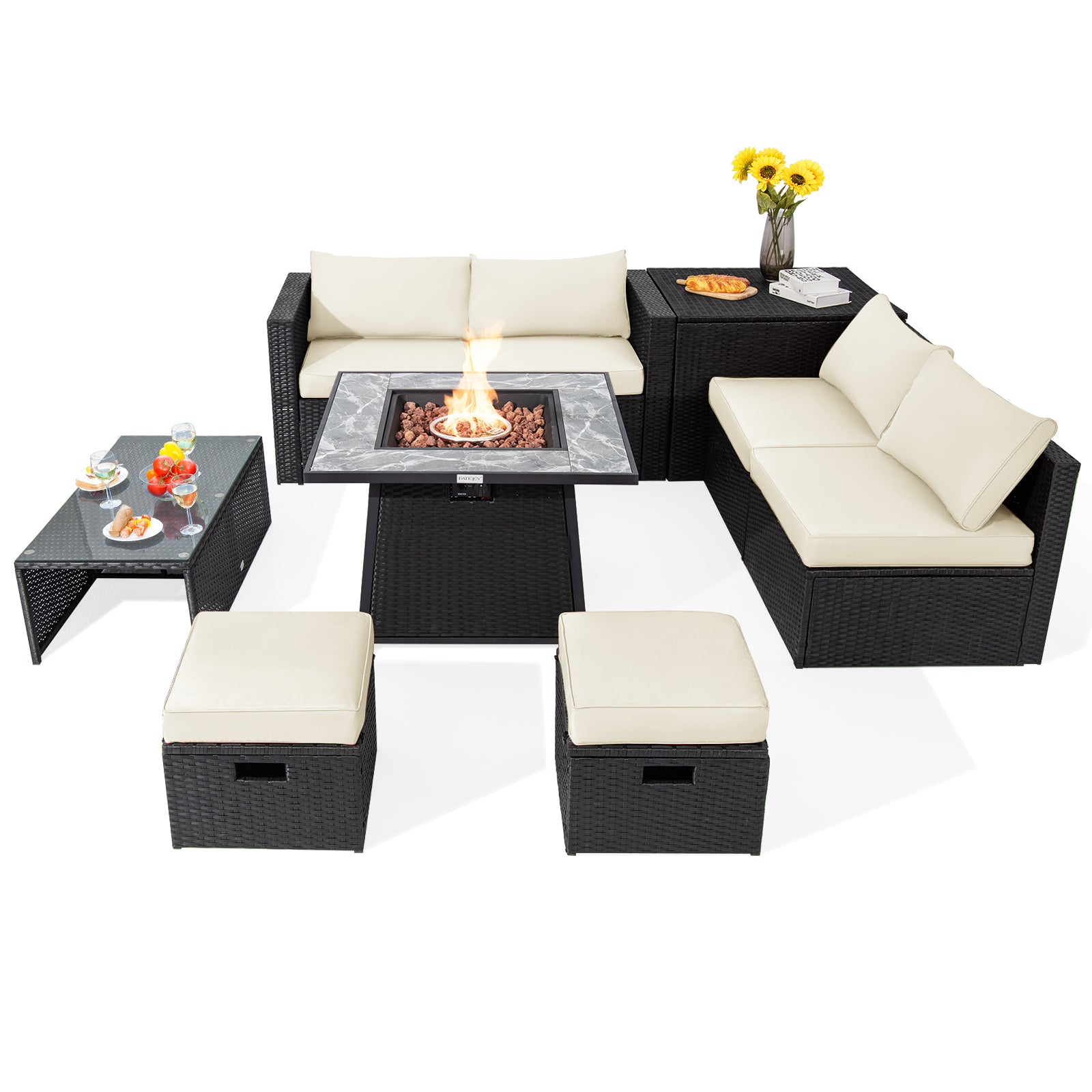 9 Pieces Outdoor Wicker Sectional with 35 Inch Gas Fire Pit Table, Off White Outdoor Sectionals Off White at Gallery Canada