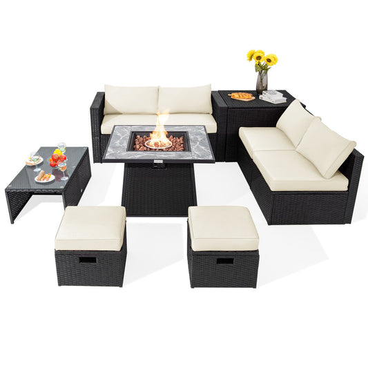 9 Pieces Outdoor Wicker Sectional with 35 Inch Gas Fire Pit Table, Off White