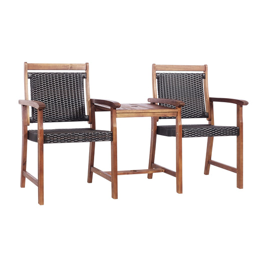 2-Seat Patio Rattan Acacia Wood Chair with Coffee Table, Brown Patio Conversation Sets Brown at Gallery Canada