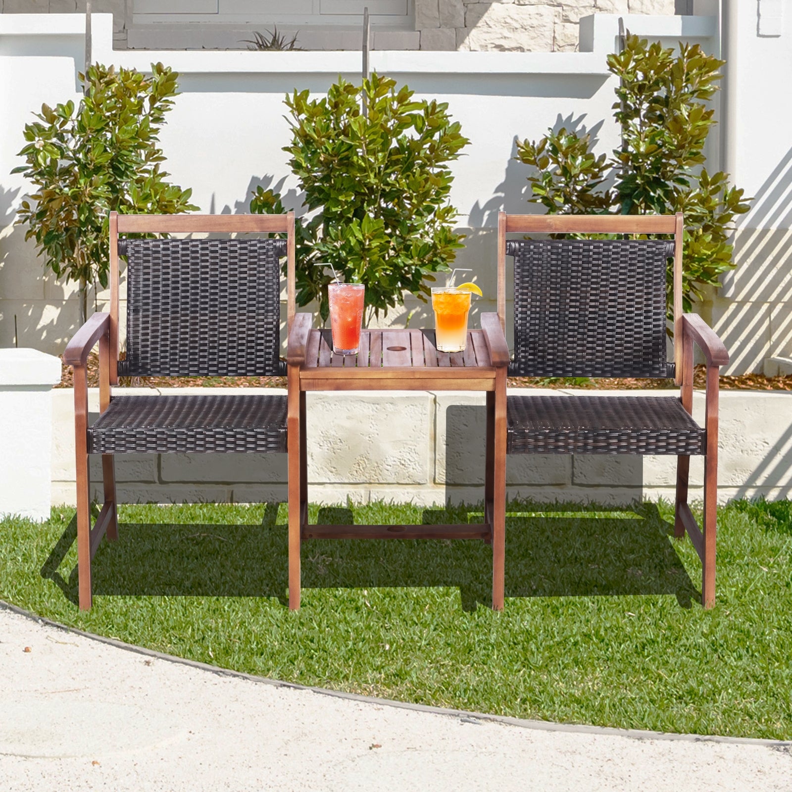 2-Seat Patio Rattan Acacia Wood Chair with Coffee Table, Brown Patio Conversation Sets at Gallery Canada