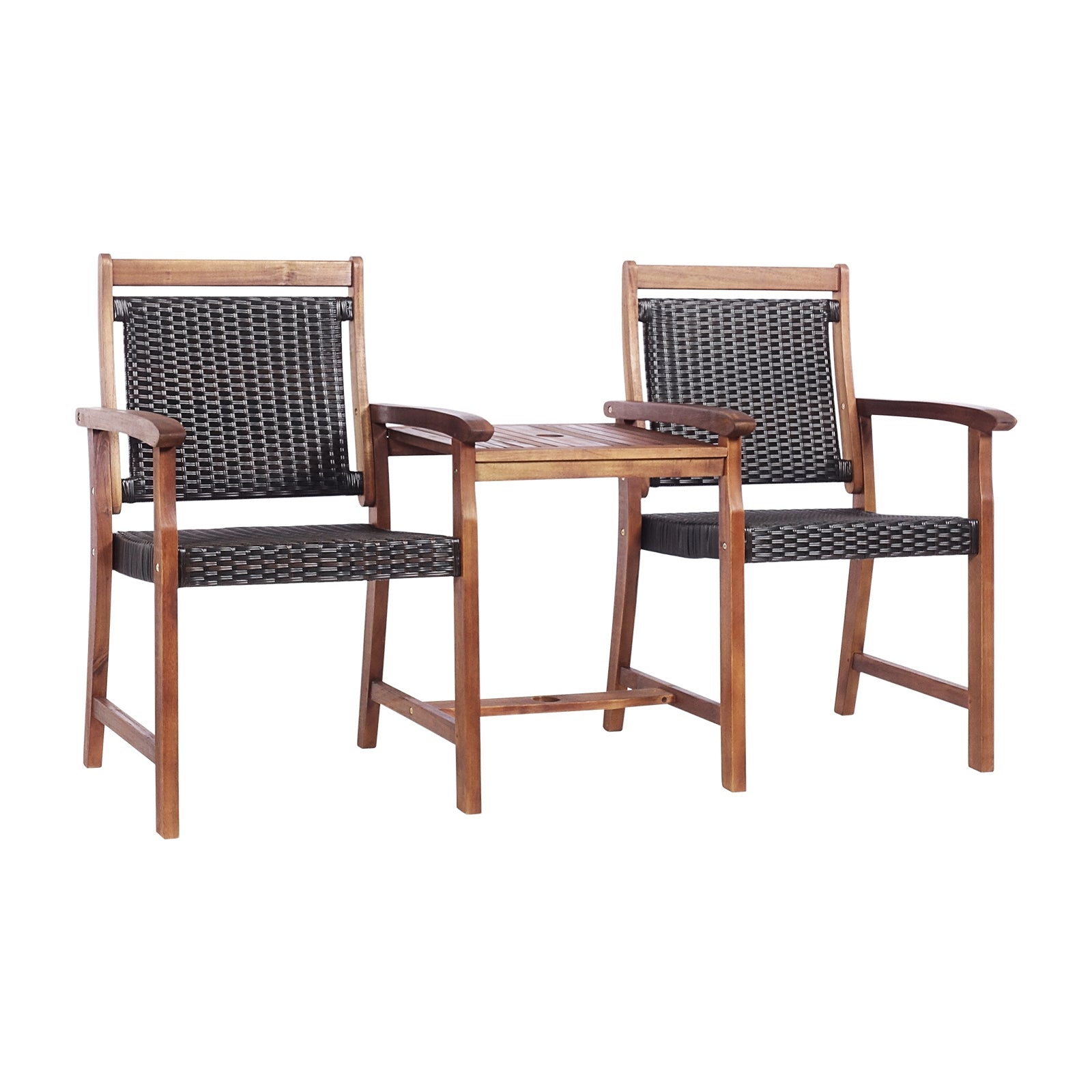 2-Seat Patio Rattan Acacia Wood Chair With Coffee Table, Brown Patio Conversation Sets Brown at Gallery Canada