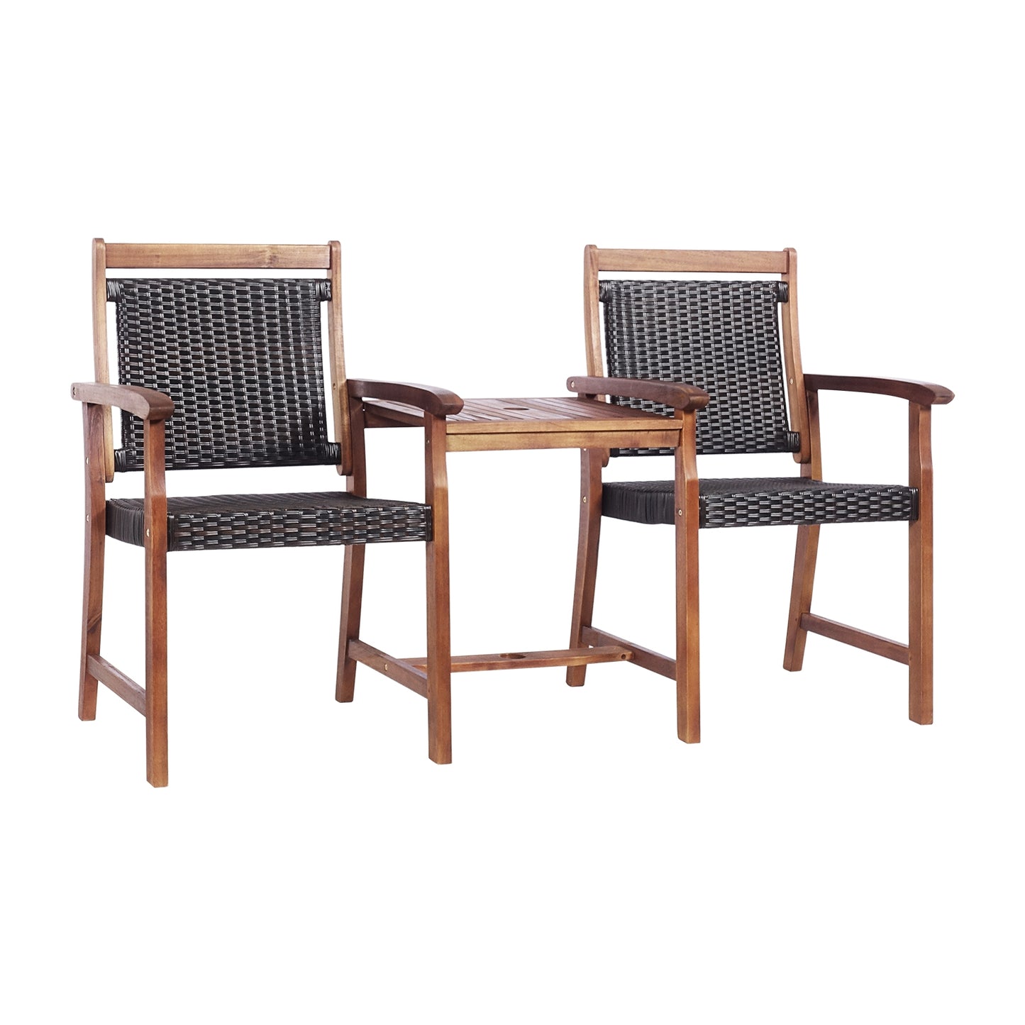 2-Seat Patio Rattan Acacia Wood Chair With Coffee Table, Brown Patio Conversation Sets Brown at Gallery Canada