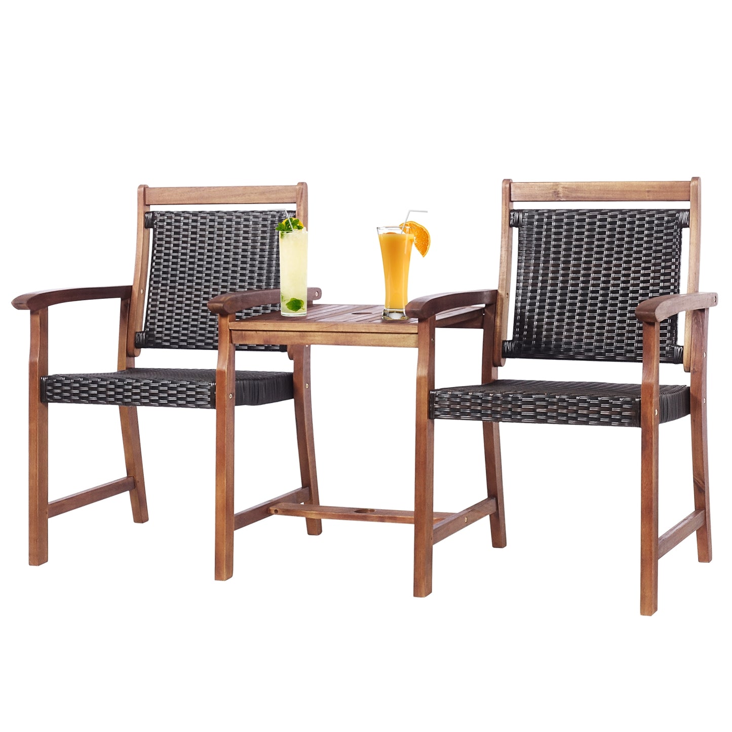 2-Seat Patio Rattan Acacia Wood Chair with Coffee Table, Brown Patio Conversation Sets at Gallery Canada