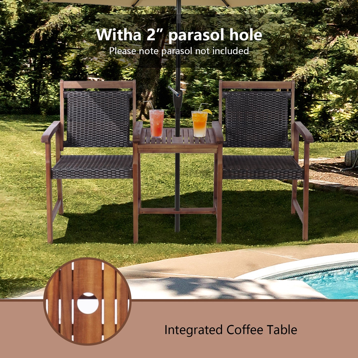 2-Seat Patio Rattan Acacia Wood Chair with Coffee Table, Brown Patio Conversation Sets at Gallery Canada