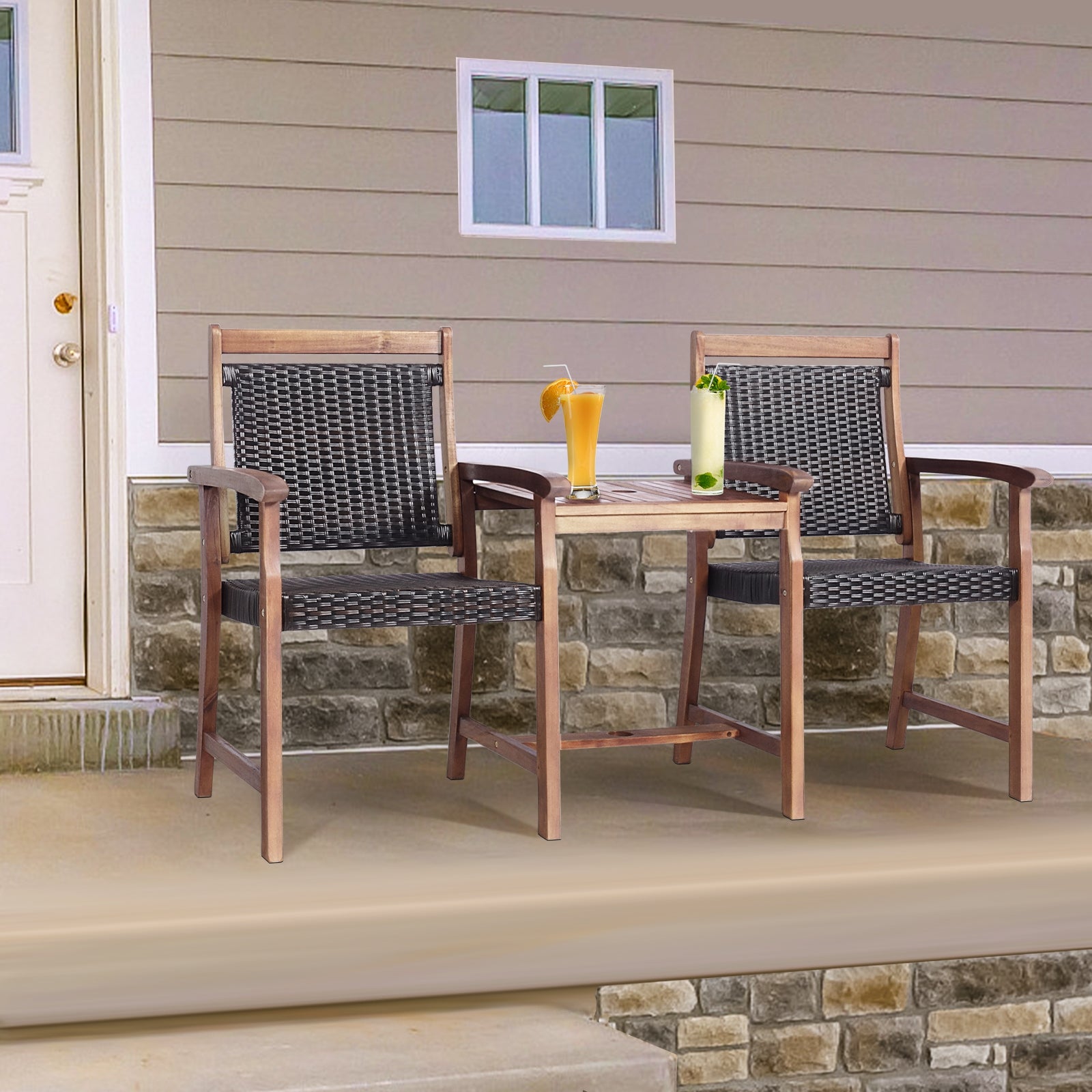 2-Seat Patio Rattan Acacia Wood Chair with Coffee Table, Brown Patio Conversation Sets at Gallery Canada