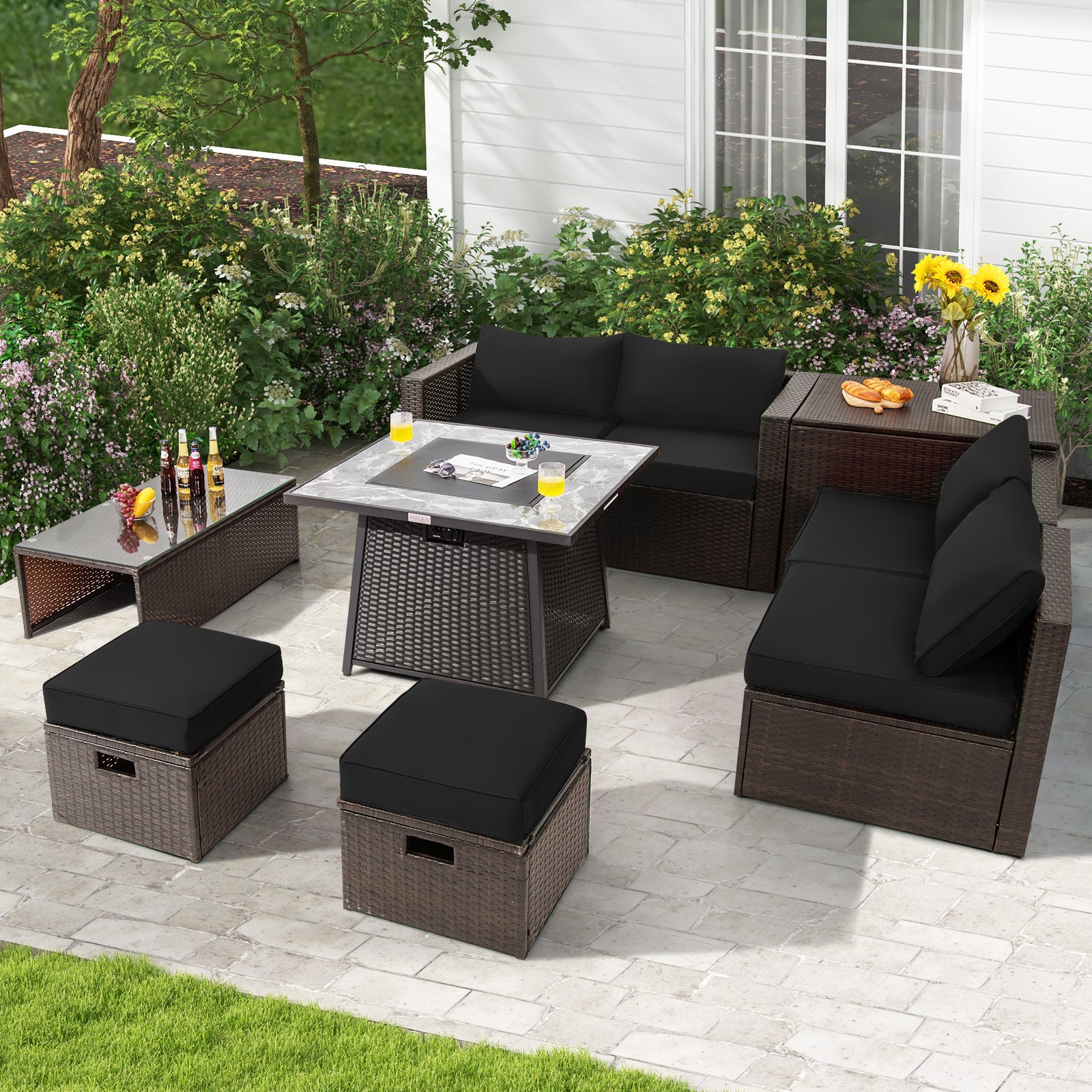 9 Pieces Patio PE Wicker Sectional Set with 50000 BTU Fire Pit Table, Black Outdoor Sectionals at Gallery Canada