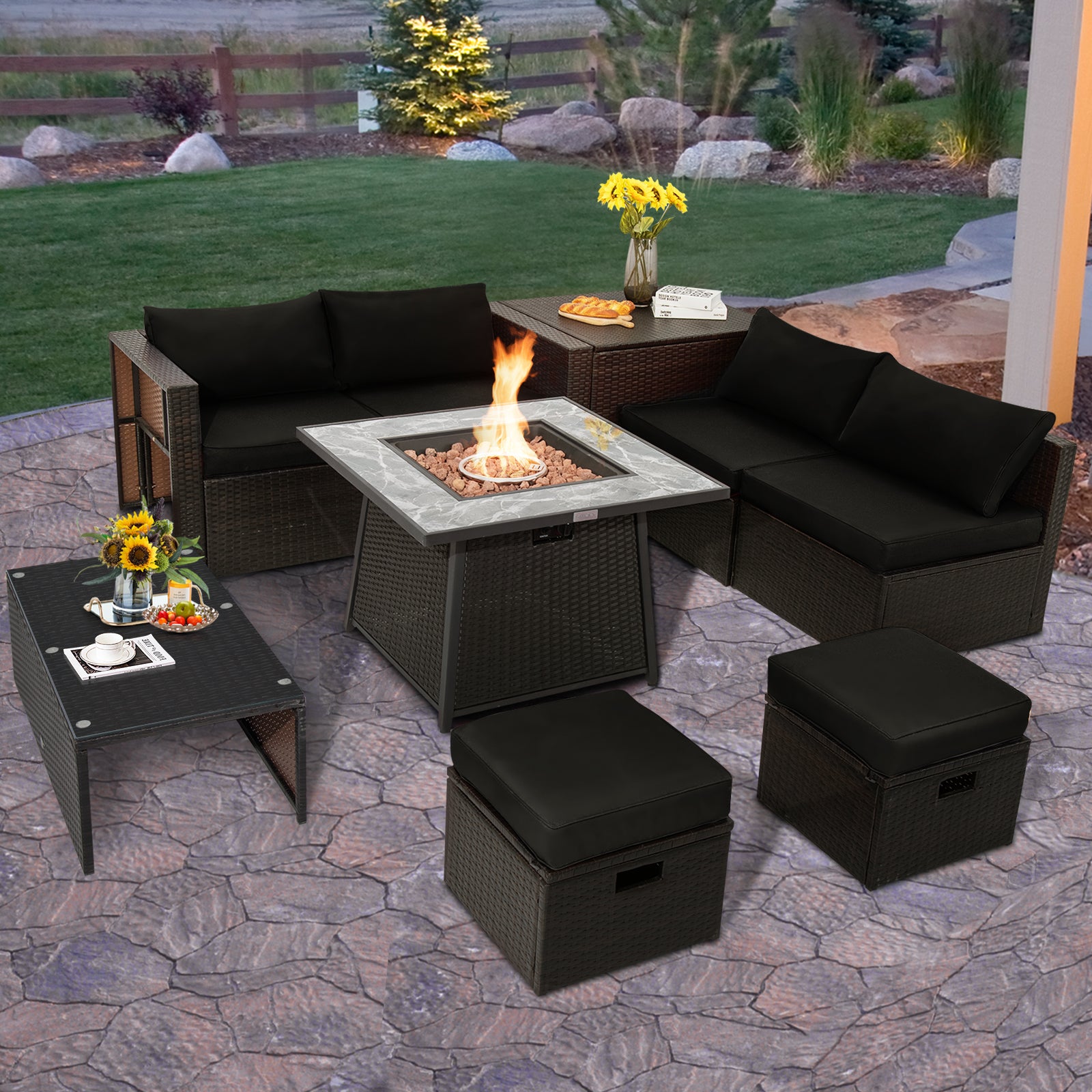 9 Pieces Patio PE Wicker Sectional Set with 50000 BTU Fire Pit Table, Black Outdoor Sectionals at Gallery Canada