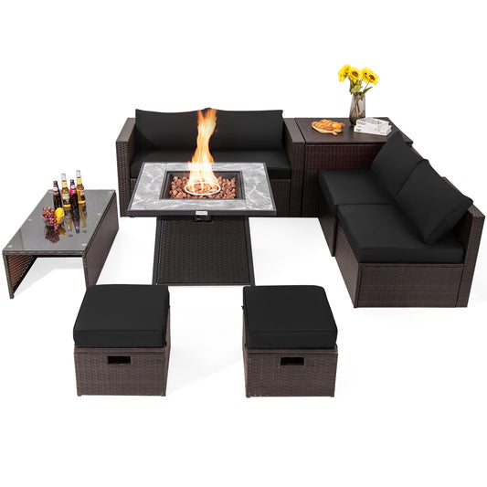 9-Piece Patio PE Wicker Sectional Set, 50000 BTU Fire Pit Table, Black Outdoor Sectionals Black at Gallery Canada