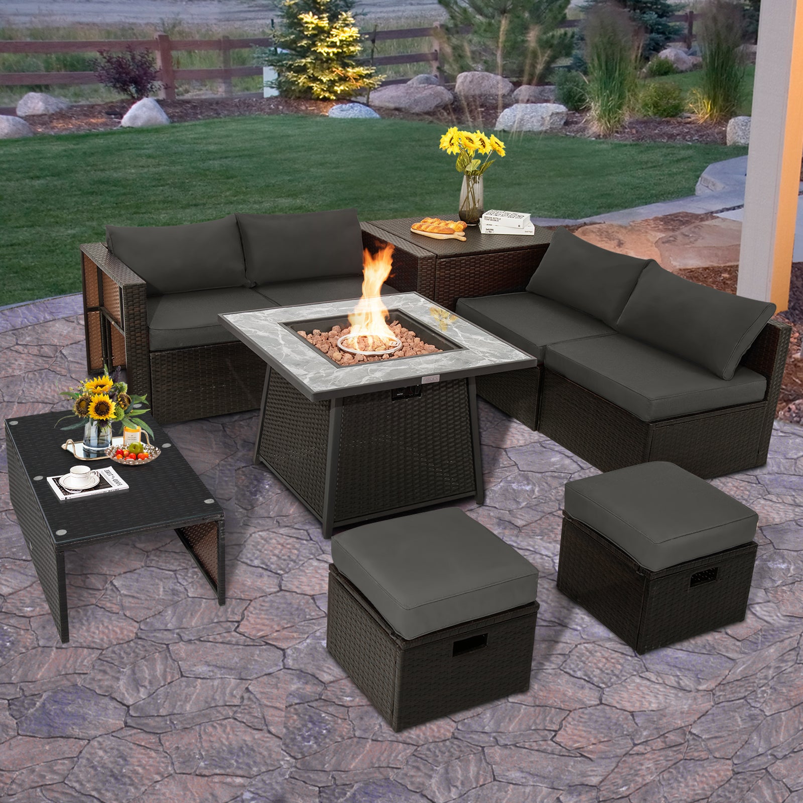 9 Pieces Patio PE Wicker Sectional Set with 50000 BTU Fire Pit Table, Gray Outdoor Sectionals at Gallery Canada