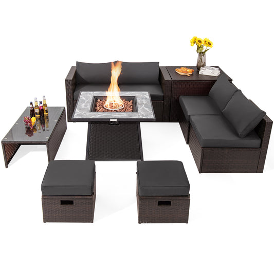 9-Piece Patio PE Wicker Sectional Set, 50000 BTU Fire Pit Table, Gray Outdoor Sectionals Gray at Gallery Canada