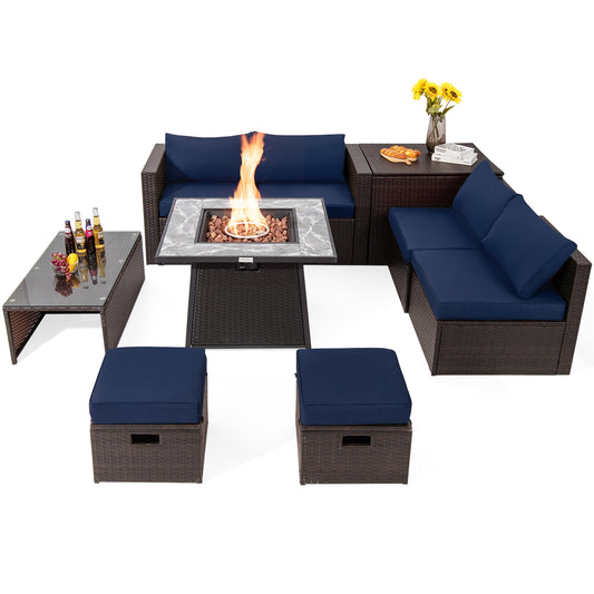 9-Piece Patio PE Wicker Sectional Set, 50000 BTU Fire Pit Table, Navy Outdoor Sectionals Navy at Gallery Canada