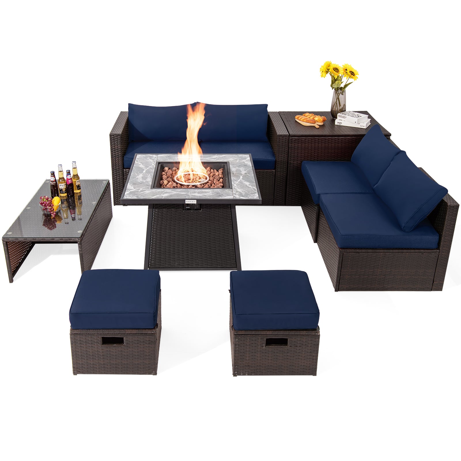 9 Pieces Patio PE Wicker Sectional Set with 50000 BTU Fire Pit Table, Navy Outdoor Sectionals Navy at Gallery Canada