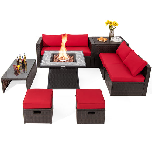 9-Piece Patio PE Wicker Sectional Set, 50000 BTU Fire Pit Table, Red