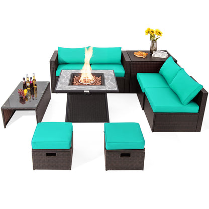 9-Piece Patio PE Wicker Sectional Set, 50000 BTU Fire Pit Table, Turquoise Outdoor Sectionals Turquoise at Gallery Canada