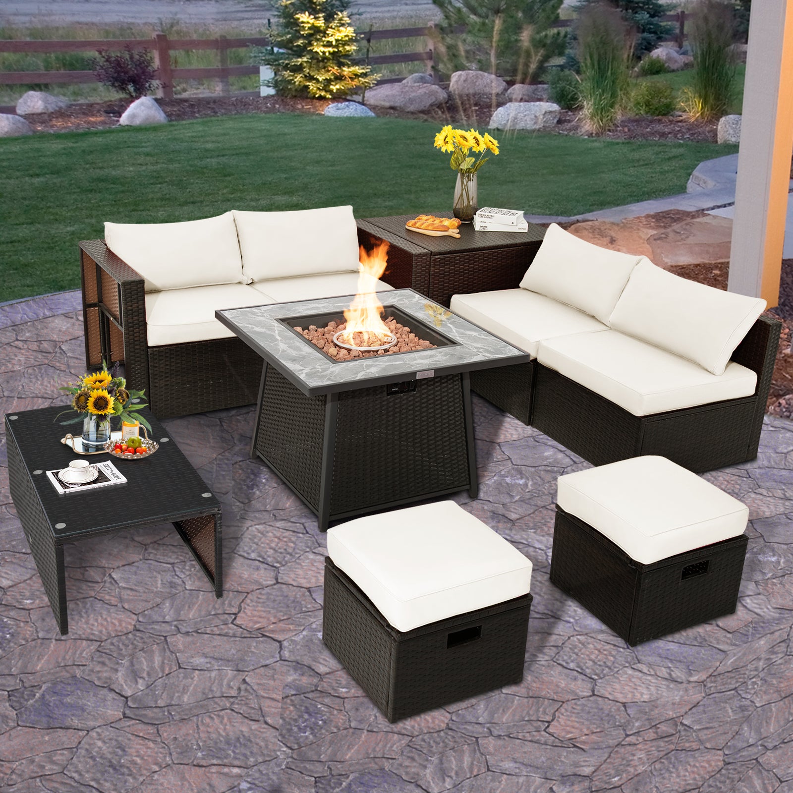 9 Pieces Patio PE Wicker Sectional Set with 50000 BTU Fire Pit Table, Off White Outdoor Sectionals at Gallery Canada