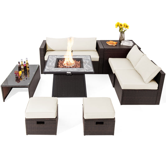 9 Piece Patio PE Wicker Sectional Set, 50000 BTU Fire Pit Table, Off White Outdoor Sectionals Off White at Gallery Canada