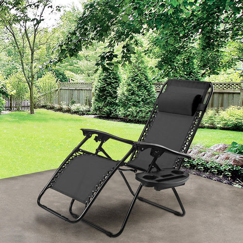 Outdoor Folding Zero Gravity Reclining Lounge Chair with Utility Tray, Black