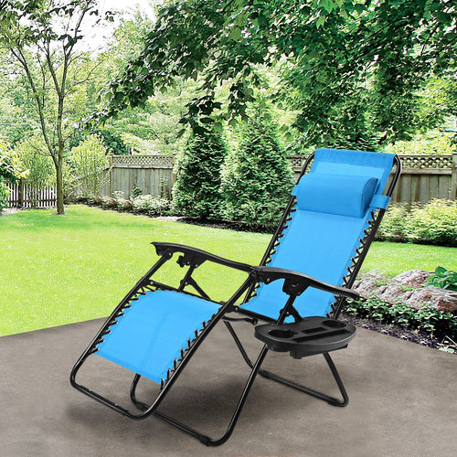 Outdoor Folding Zero Gravity Reclining Lounge Chair with Utility Tray, Light Blue