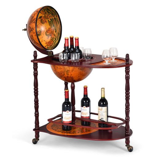 Vintage Globe Rolling Wine Bar Cart with Extra Shelf, Brown - Gallery Canada