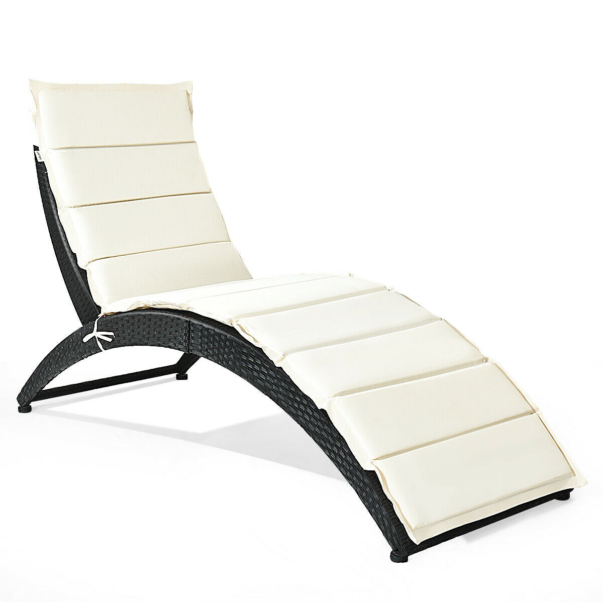 Folding Patio Rattan Lounge Chair With Cushion, Beige