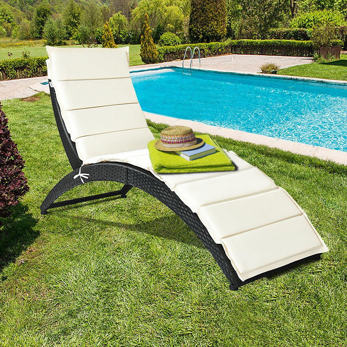 Folding Patio Rattan Portable Lounge Chair Chaise with Cushion, Beige Outdoor Chaise Lounges at Gallery Canada