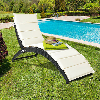 Folding Patio Rattan Portable Lounge Chair Chaise with Cushion, Beige Outdoor Chaise Lounges at Gallery Canada