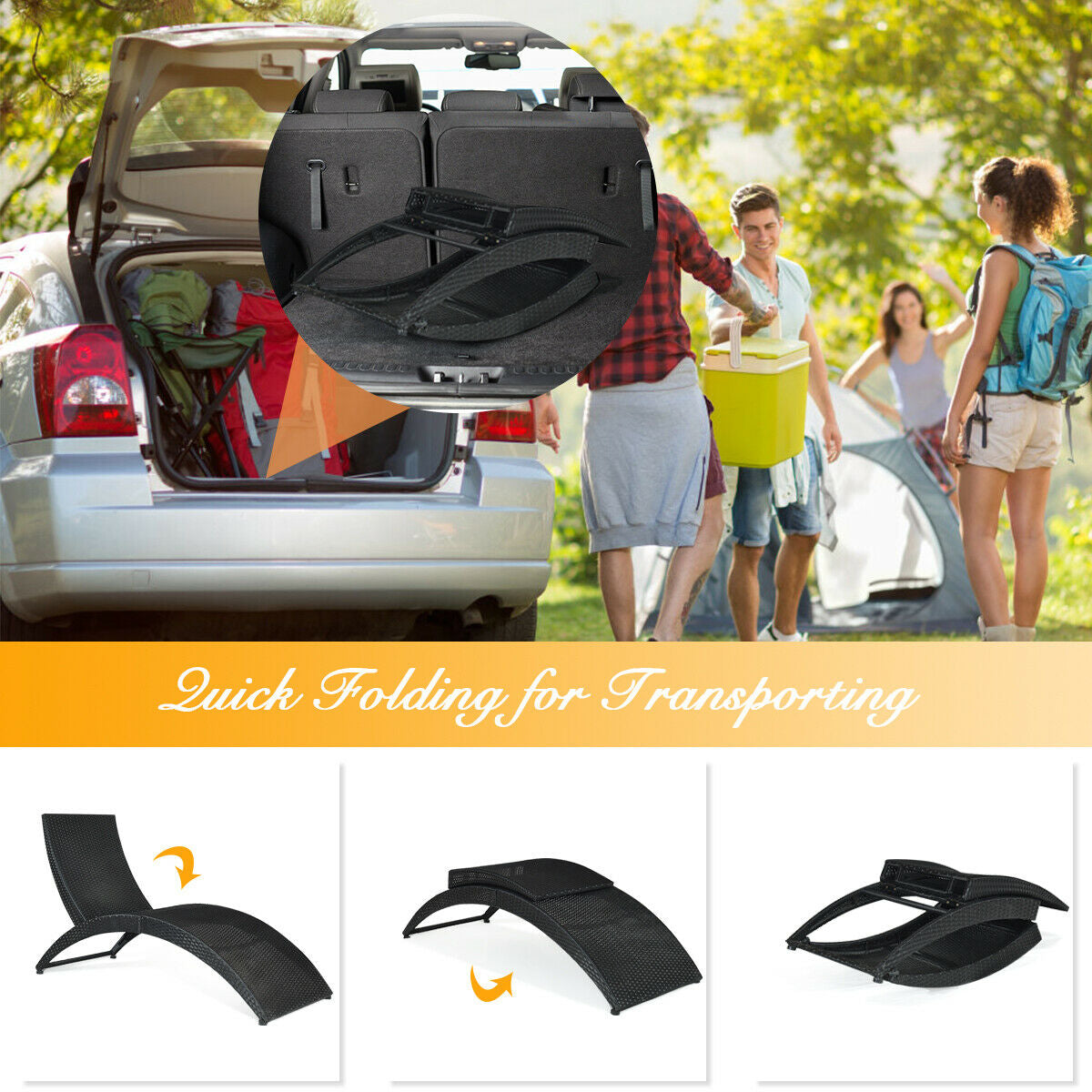 Folding Patio Rattan Portable Lounge Chair Chaise with Cushion, Beige Outdoor Chaise Lounges at Gallery Canada