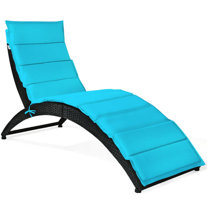 Folding Patio Rattan Lounge Chair With Cushion, Turquoise