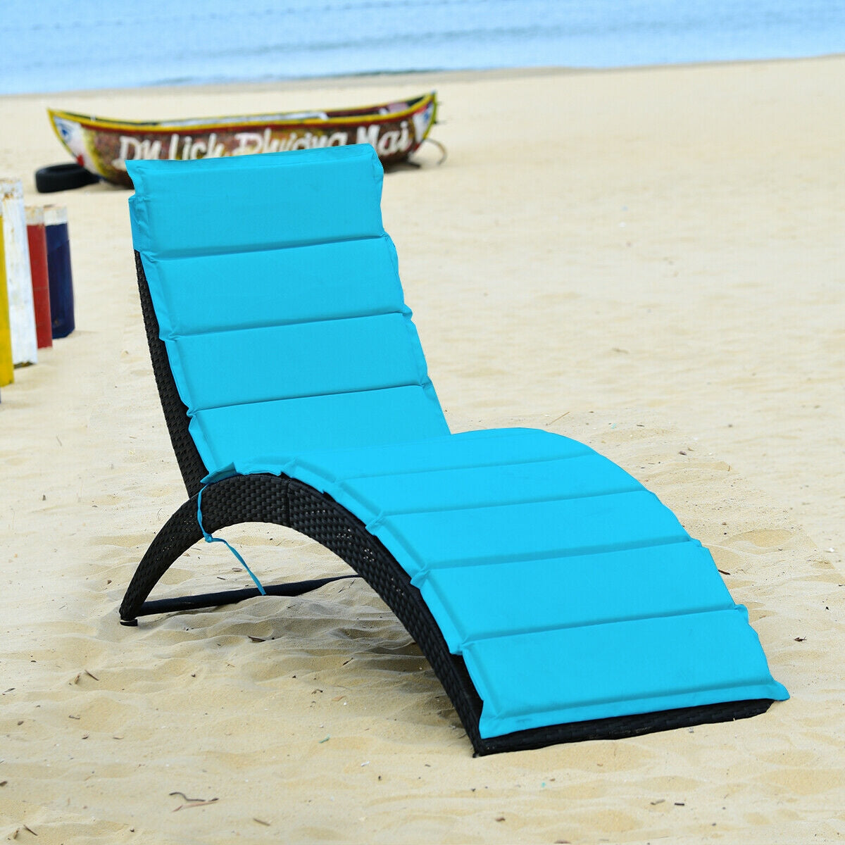 Folding Patio Rattan Portable Lounge Chair Chaise with Cushion, Turquoise Outdoor Chaise Lounges at Gallery Canada