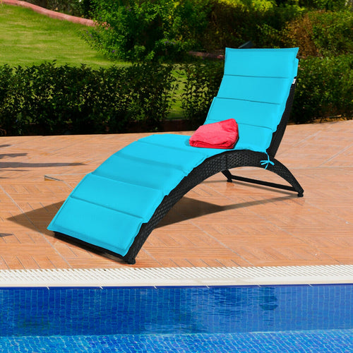 Folding Patio Rattan Portable Lounge Chair Chaise with Cushion, Turquoise