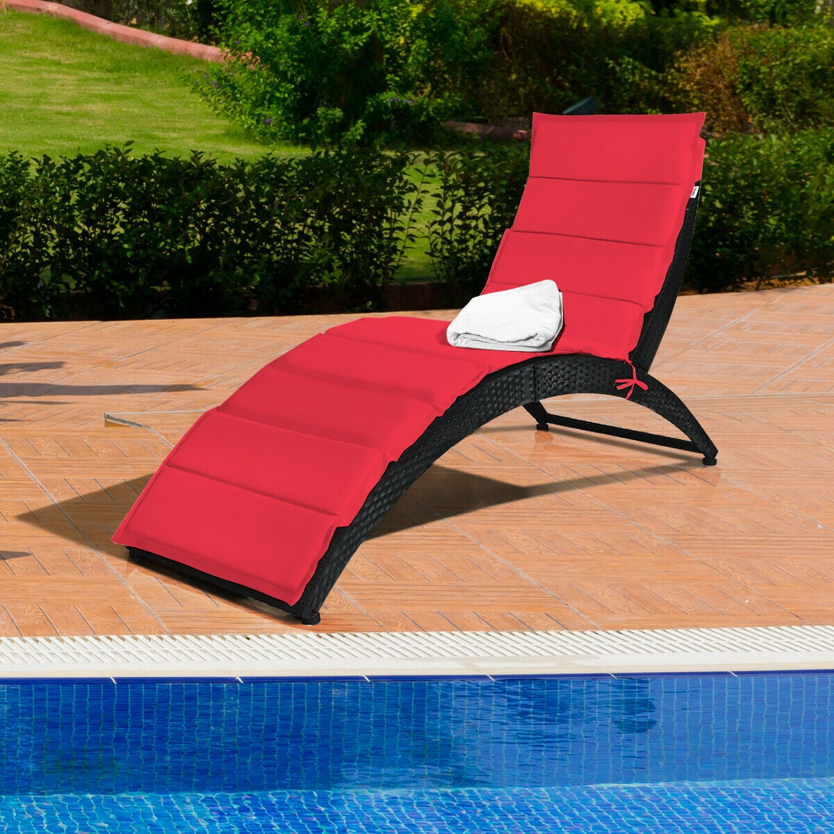 Folding Patio Rattan Portable Lounge Chair Chaise with Cushion, Red Outdoor Chaise Lounges at Gallery Canada