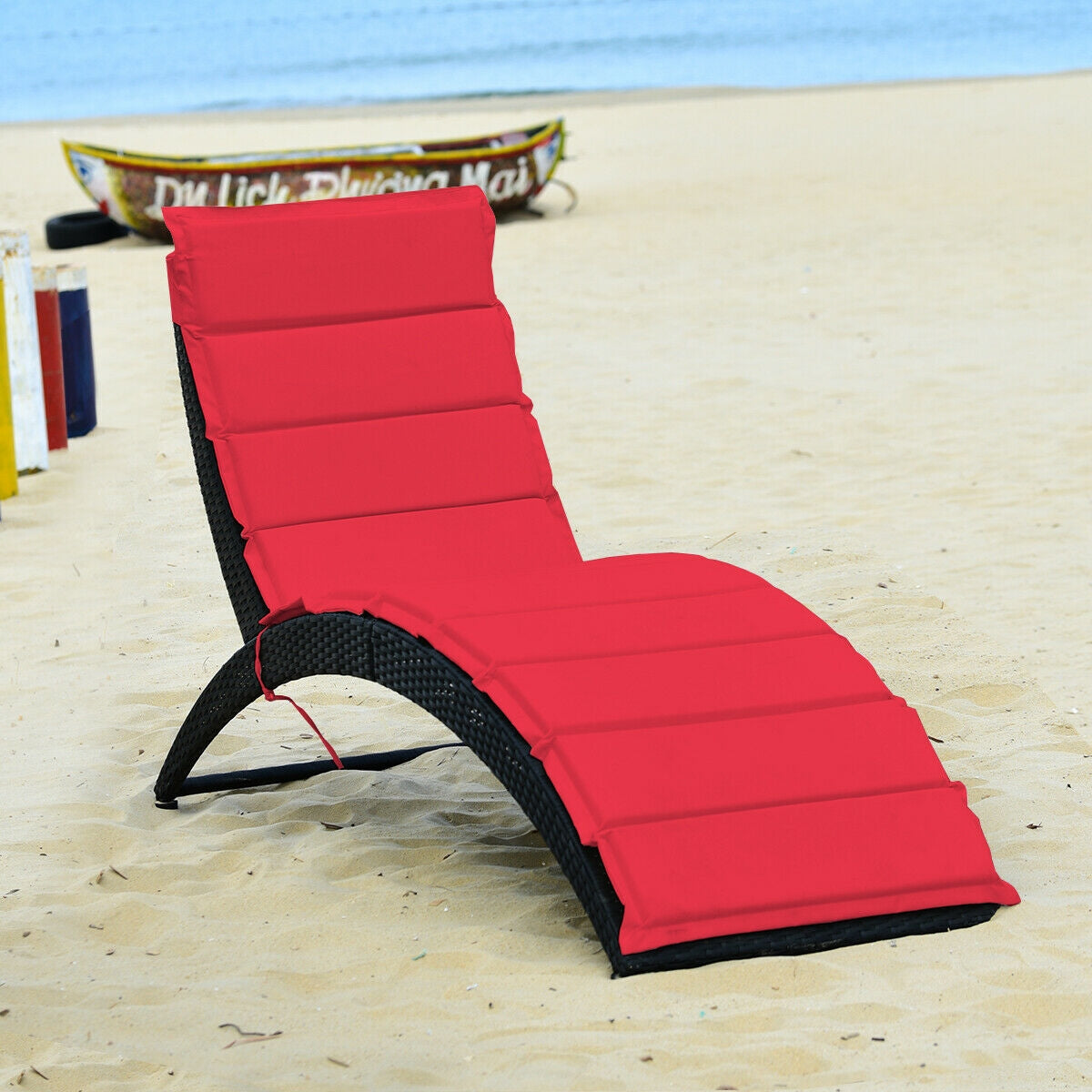 Folding Patio Rattan Portable Lounge Chair Chaise with Cushion, Red Outdoor Chaise Lounges at Gallery Canada