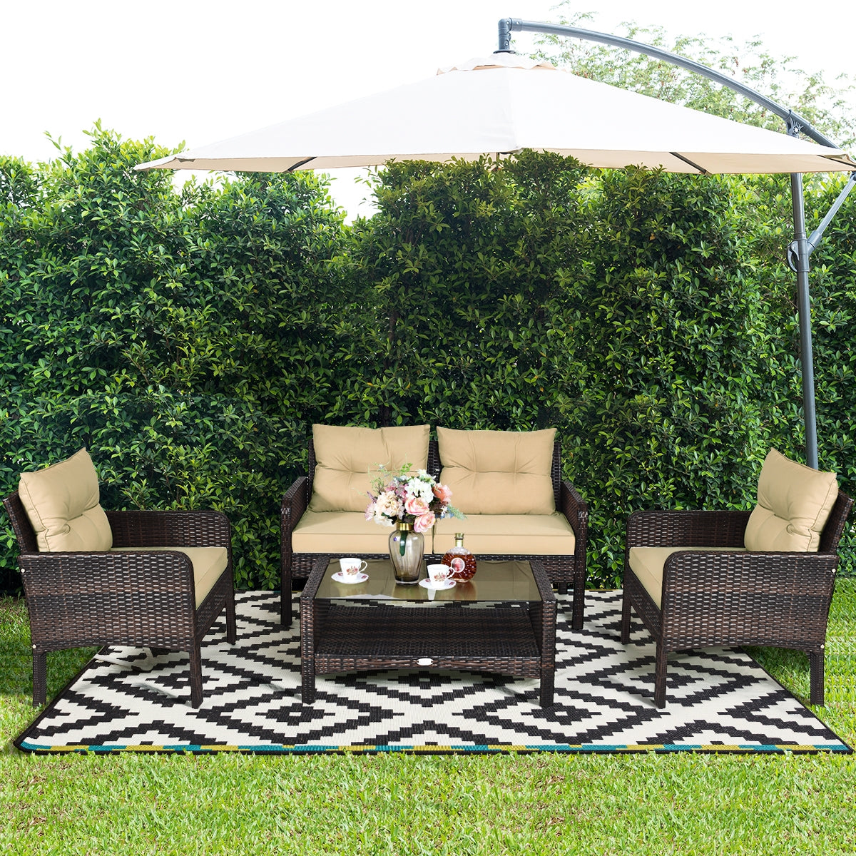 4 Pieces Patio Rattan Sofa Set With Cushion, Coffee Table, Beige Patio Furniture Sets at Gallery Canada