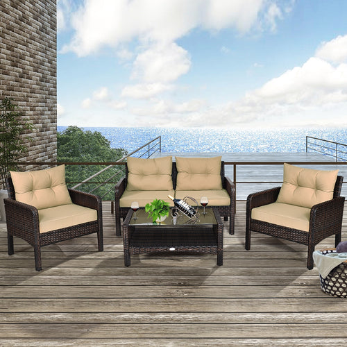 4 Pieces Patio Rattan Sofa Set With Cushion, Coffee Table, Beige