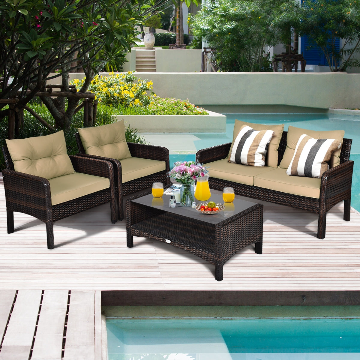 4 Pieces Patio Rattan Sofa Set With Cushion, Coffee Table, Beige Patio Furniture Sets at Gallery Canada