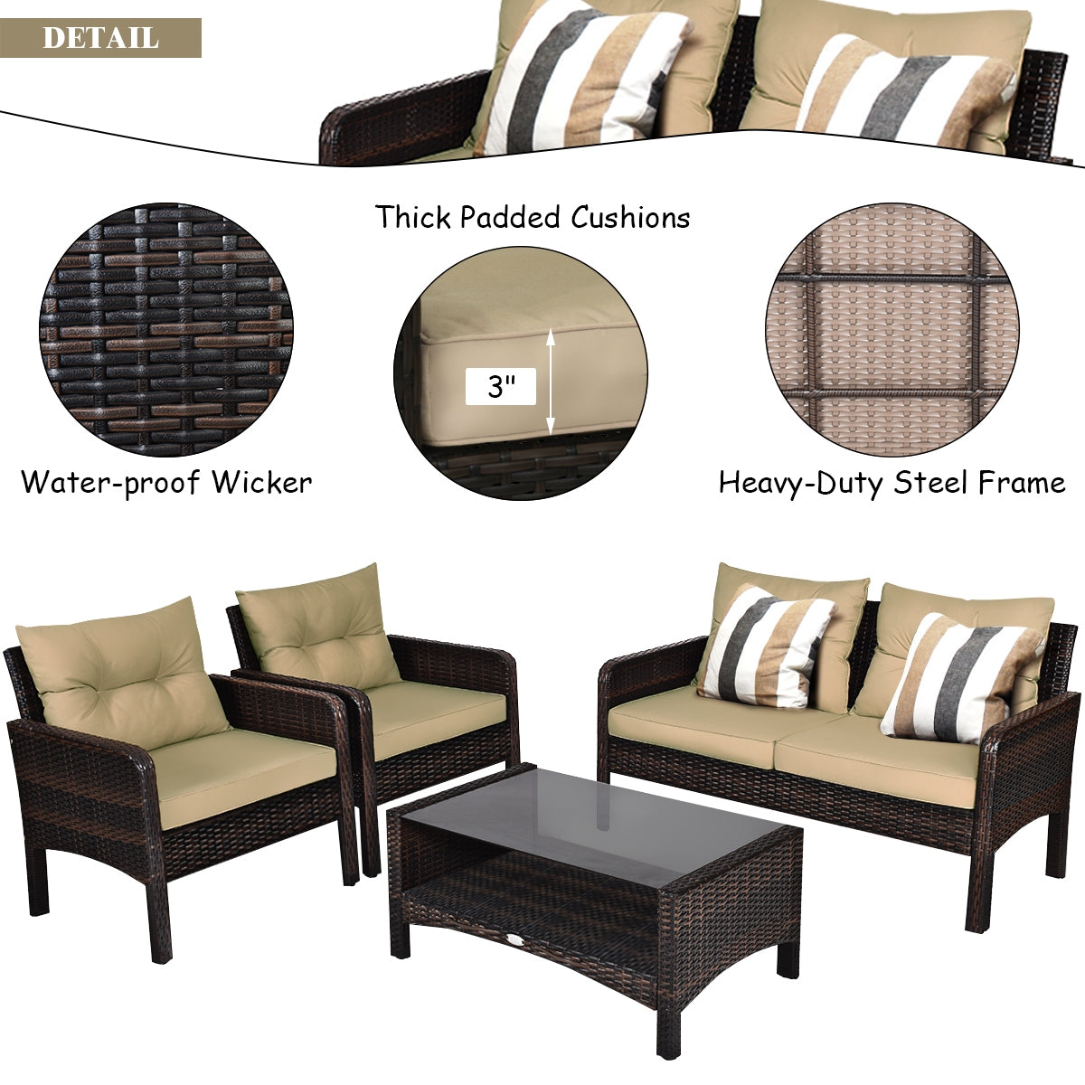 4 Pieces Patio Rattan Sofa Set With Cushion, Coffee Table, Beige Patio Furniture Sets at Gallery Canada