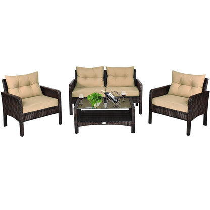 4 Pieces Patio Rattan Sofa Set With Cushion, Coffee Table, Beige Patio Furniture Sets at Gallery Canada
