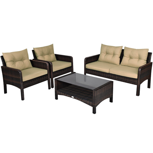 4 Pieces Patio Rattan Sofa Set With Cushion, Coffee Table, Beige