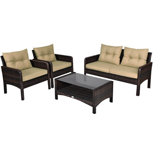 4 Pieces Patio Rattan Sofa Set With Cushion, Coffee Table, Beige Patio Furniture Sets Beige at Gallery Canada
