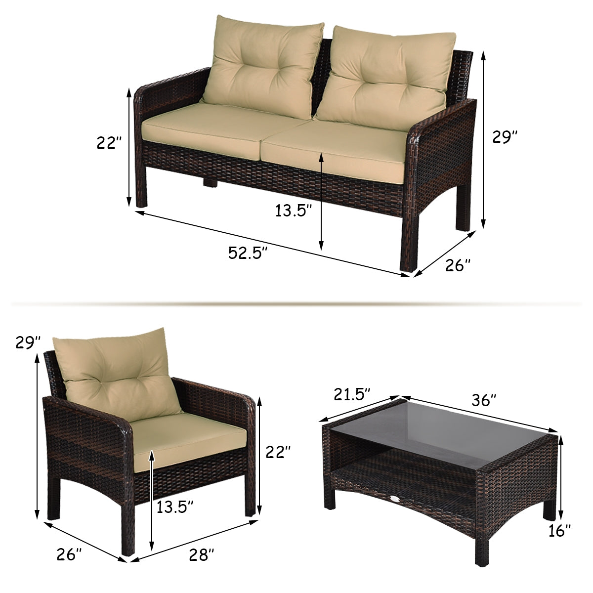 4 Pieces Patio Rattan Sofa Set With Cushion, Coffee Table, Beige Patio Furniture Sets at Gallery Canada