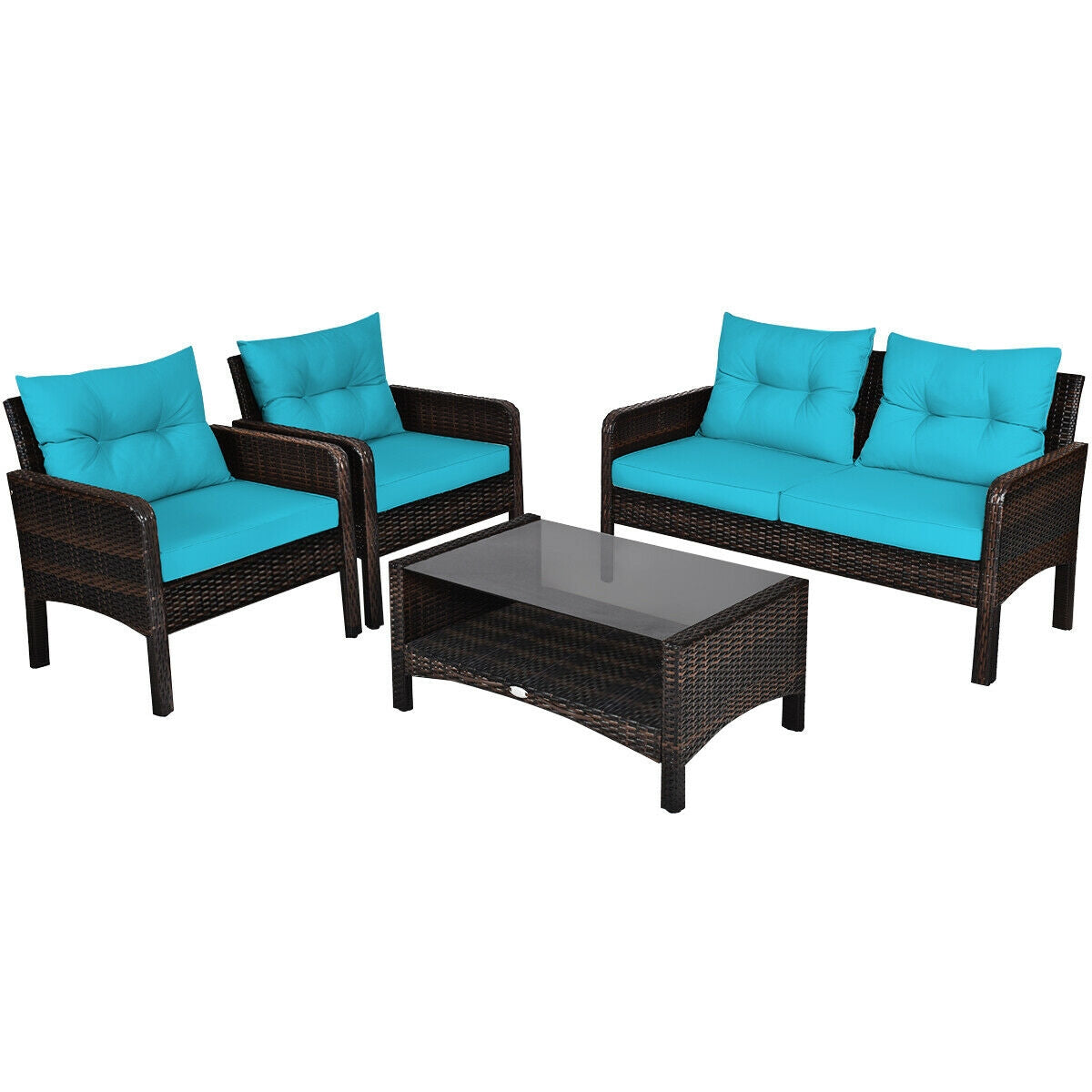 4 Pcs Outdoor Rattan Wicker Loveseat Furniture Set with Cushions, Turquoise Patio Furniture Sets at Gallery Canada