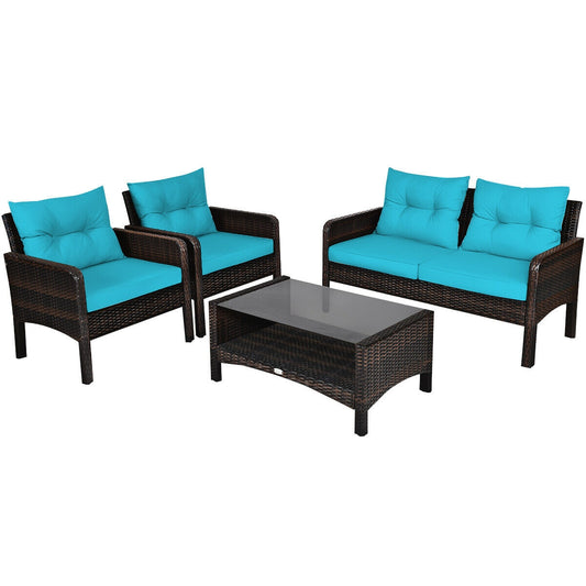 4 Pcs Outdoor Rattan Wicker Loveseat Furniture Set with Cushions, Turquoise Patio Furniture Sets Turquoise at Gallery Canada