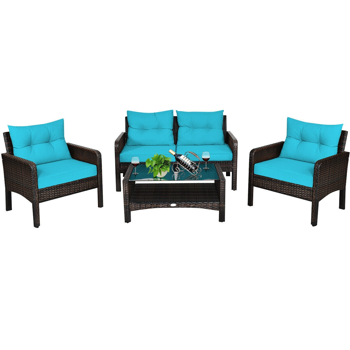 4 Pcs Outdoor Rattan Wicker Loveseat Furniture Set with Cushions, Turquoise Patio Furniture Sets at Gallery Canada