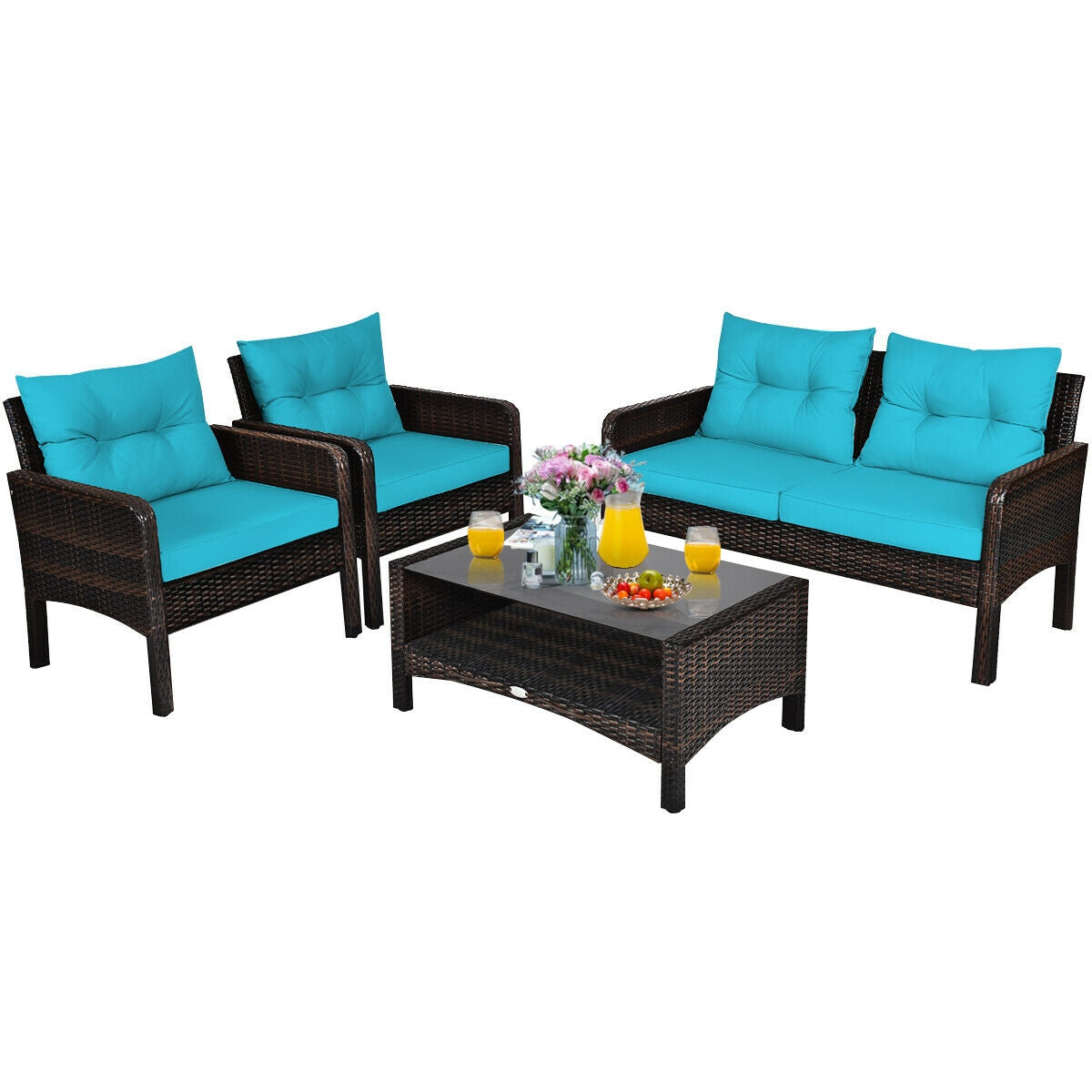 4 Pcs Outdoor Rattan Wicker Loveseat Furniture Set with Cushions, Turquoise Patio Furniture Sets at Gallery Canada