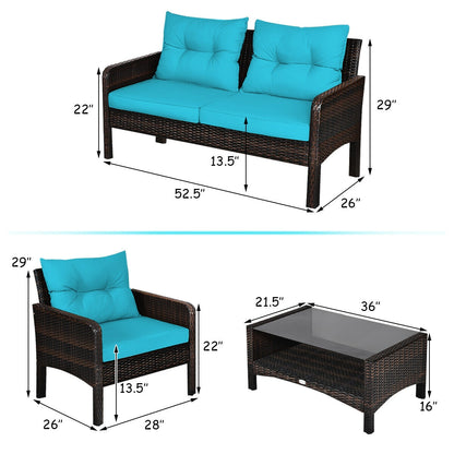 4 Pcs Outdoor Rattan Wicker Loveseat Furniture Set with Cushions, Turquoise Patio Furniture Sets at Gallery Canada