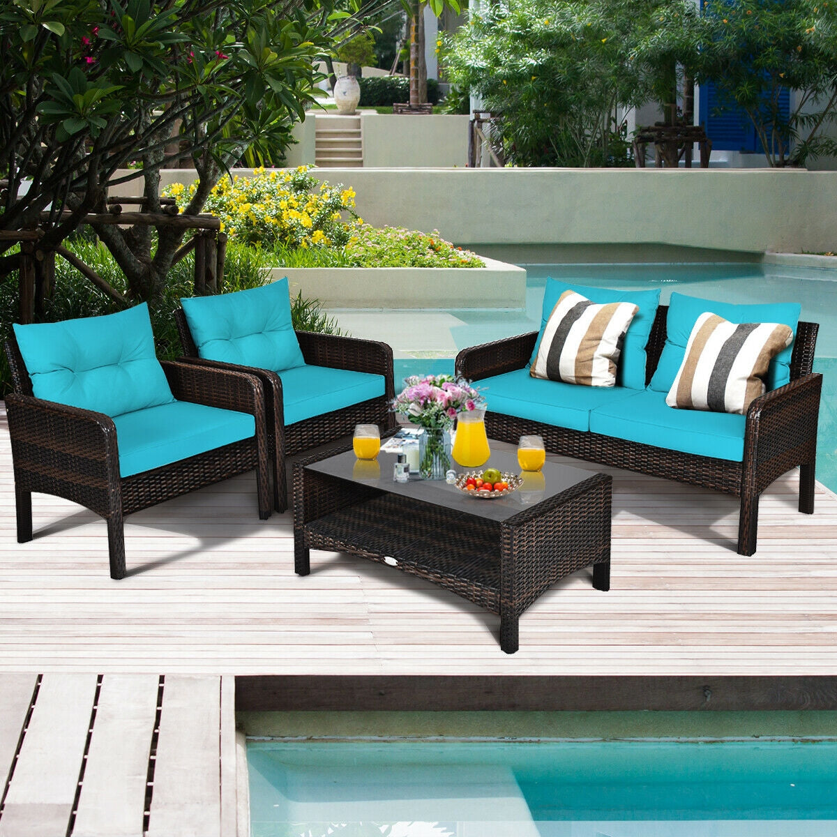 4 Pcs Outdoor Rattan Wicker Loveseat Furniture Set with Cushions, Turquoise Patio Furniture Sets at Gallery Canada