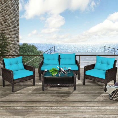 4 Pcs Outdoor Rattan Wicker Loveseat Furniture Set with Cushions, Turquoise Patio Furniture Sets at Gallery Canada