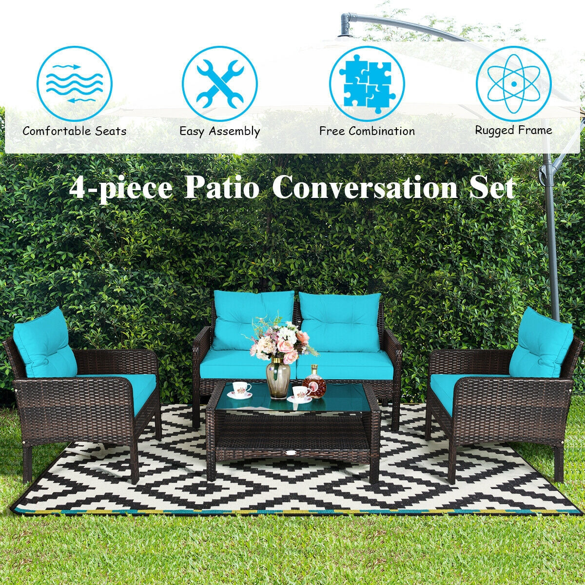 4 Pcs Outdoor Rattan Wicker Loveseat Furniture Set with Cushions, Turquoise Patio Furniture Sets at Gallery Canada