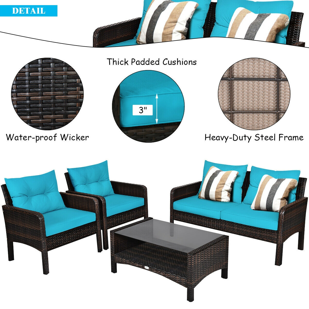 4 Pcs Outdoor Rattan Wicker Loveseat Furniture Set with Cushions, Turquoise Patio Furniture Sets at Gallery Canada